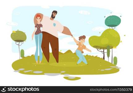 Happy Cartoon Craft Family Portrait on Nature. Father, Mother and Son Characters. Park, Garden or Forest Landscape. Overweight Man, Thin Woman and Naughty Boy. Flat Vector Eco Cutout Illustration. Happy Cartoon Craft Family Portrait on Nature