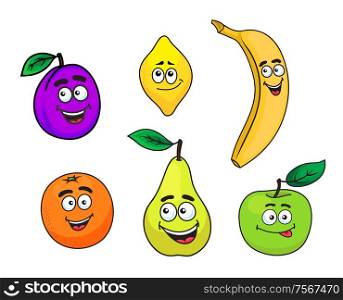 Happy cartoon cute plum, lemon, banana, orange, pear and apple fruit characters with face, smiling mouth and eyes. For beverage, vegetarian or agriculture design