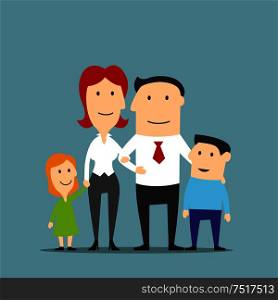 Happy cartoon family business couple are posing with two cute kids. Family portrait of smiling father and mother, little daughter and son. Family, love, parenthood and marriage themes design usage. Family business couple with kids