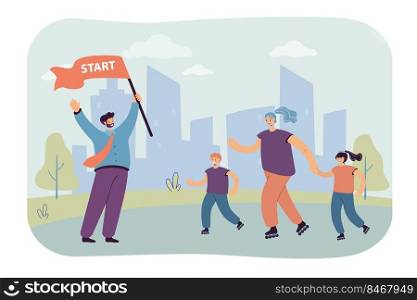 Happy cartoon family roller skating in city park. Mother and children on roller skates, father holding start sign flat vector illustration. Family, outdoor activity concept for banner or landing page