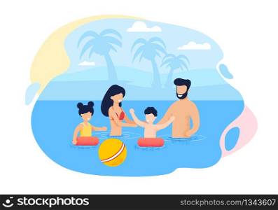 Happy Cartoon Family Swimming in Sea or Ocean. Mother and Father Help Son to Use Inflatable Circles. Daughter Floating and Playing with Ball. Vacation in Hot Exotic Country. Vector Flat Illustration. Happy Family Swimming in Sea Cartoon Illustration