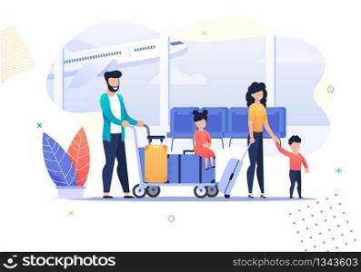 Happy Cartoon Family Travel Activities in Airport. Father Pushes Cart with Luggage and Sitting Tired Daughter. Vector Mother Goes with Suitcase and Holds Son by Hand. Illustration Departure Arrival. Happy Cartoon Family Travel Activities in Airport