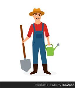 Happy cartoon farmer hold shovel and watering can. Agricultural worker with hat and mustache on isolated background. Flat farmer man. Gardener with tool. Rural worker. Cartoon vector illustration