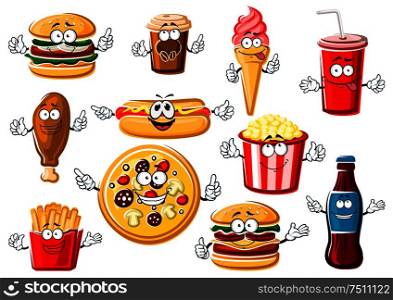 Happy cartoon fast food menu characters with pepperoni pizza, french fries, hamburger, cheeseburger, hot dog, fried chicken leg, popcorn, ice cream cone, paper cup of coffee and soda drink. Cartoon fast food, desserts and drinks