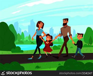 Happy cartoon father, mother, brother and sister at summer park on weekend. Young couple with kids walks outdoor together, family lifestyle vector illustration. Happy cartoon father, mother, brother and sister at summer park. Young couple with kids walks outdoor, family lifestyle vector illustration
