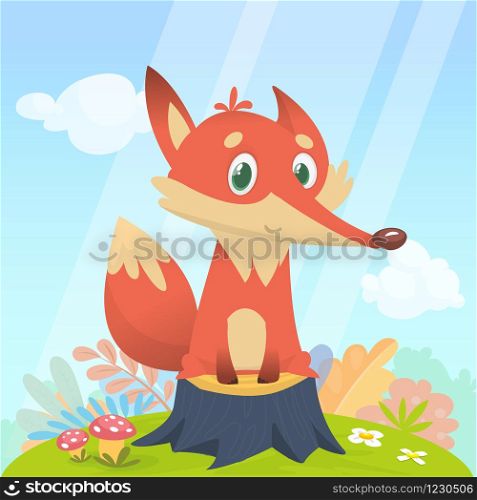 Happy cartoon fox character. Vector illustration of fox isolated on colorful forest background with flowers and mushrooms on the meadow and sky