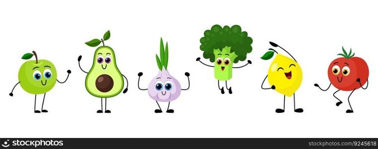 Happy cartoon fruits and vegetables. Cute positive fresh characters, jumping broccoli and laughing lemon. Vector apple, tomato, avocado characters of food healthy fruit and vegetable illustration. Happy cartoon fruits and vegetables. Cute positive fresh characters, jumping broccoli and laughing lemon. Vector apple, tomato, avocado characters