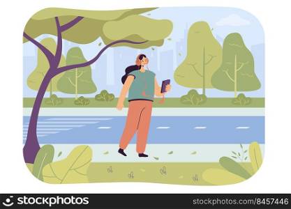 Happy cartoon girl listening to music on phone on street. Female city dweller in headset walking outside flat vector illustration. Outdoor activity, leisure, traveling concept for banner, landing page