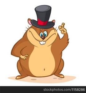 Happy cartoon groundhog on his day with mayor hat. Vector illustration with cute marmot mascot character waving. Happy Groundhog Day Theme