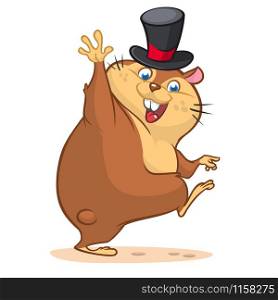 Happy cartoon groundhog on his day with mayor hat. Vector illustration with cute marmot waving. Happy Groundhog Day Theme