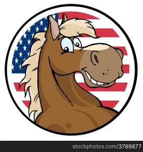 Happy Cartoon Horse In Front Of Flag Of USA