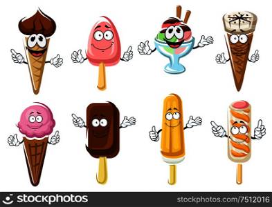 Happy cartoon ice cream cones, popsicles and ice cream sundae characters with chocolate, strawberry, vanilla and berry flavors. For food snack or dessert menu design. Ice cream cones, popsicles and sundae
