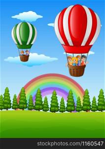 Happy cartoon kids flying in a hot air balloon