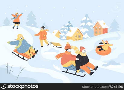 Happy cartoon kids sliding down hill on sleds. Snow falling, children having fun while sledding down slide flat vector illustration. Winter activities or holidays, childhood concept for banner