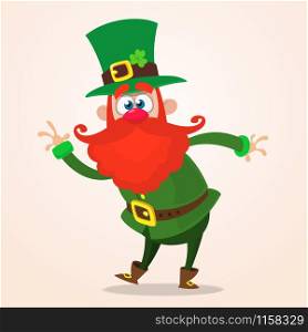 Happy cartoon leprechaun dancing. Vector clip art illustration