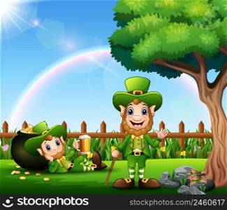 Happy cartoon leprechauns with pot of gold coins