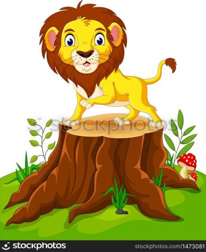 Happy cartoon lion sitting on tree stump