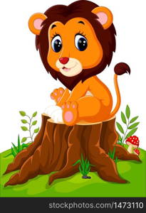 Happy cartoon lion sitting on tree stump