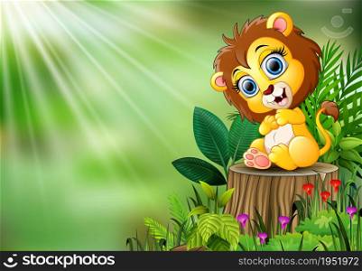 Happy cartoon lion sitting on tree stump with green plants