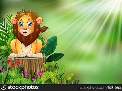 Happy cartoon lion sitting on tree stump with green plants