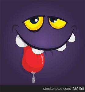 Happy cartoon monster face avatar showing tongue. Vector Halloween black monster character