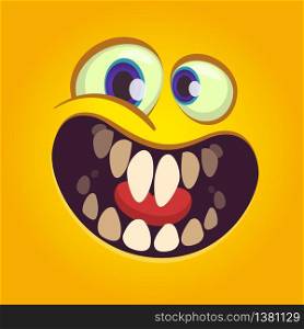 Happy cartoon monster face. Vector Halloween excited orange monster with big mouth smile