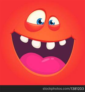 Happy cartoon monster face. Vector Halloween excited red monster with wide mouth