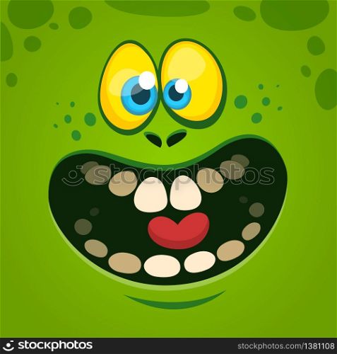 Happy cartoon monster face. Vector Halloween illustration of green excited monster