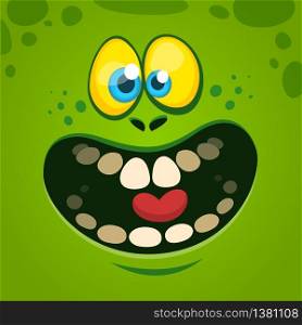 Happy cartoon monster face. Vector Halloween illustration of green excited monster