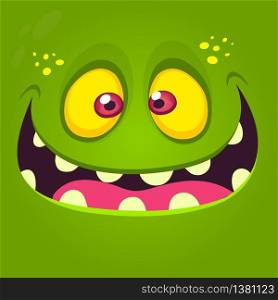 Happy cartoon monster face. Vector Halloween illustration of green excited monster or zombie