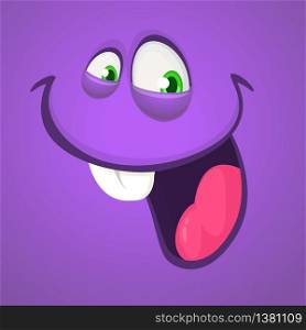 Happy cartoon monster face. Vector Halloween illustration of purple excited monster