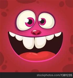 Happy cartoon monster face with a big smile. Vector Halloween pink monster illustration