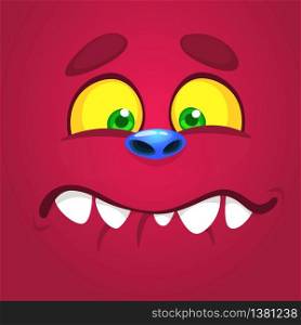 Happy cartoon monster face with a big smile. Vector Halloween pink monster illustration