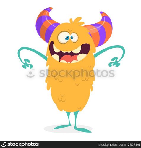 Happy cartoon monster. Halloween vector orange and horned monster. Funny monster expressions