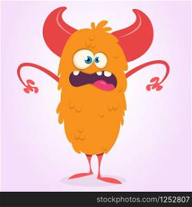 Happy cartoon monster. Halloween vector orange and horned monster. Funny monster expressions
