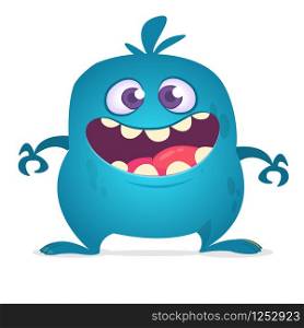 Happy cartoon monster laughing. Vector blue monster illustration. Halloween design