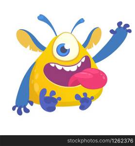 Happy cartoon monster mascot. Halloween vector blue yellow alien with one eye waving. Design for emblem or sticker