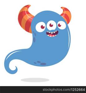 Happy cartoon monster or ghost. Vector Halloween illustration of blue ghost. Funny cartoon monster character