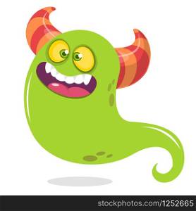 Happy cartoon monster or ghost. Vector Halloween illustration of green ghost. Funny cartoon monster character