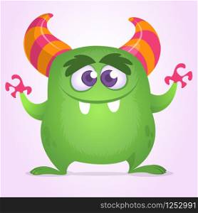 Happy cartoon monster with big mouth full of teeth. Vector green monster illustration. Halloween character design