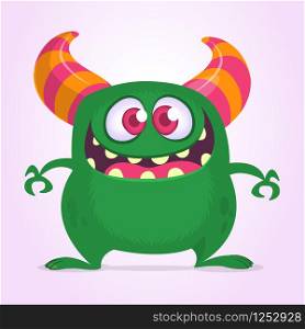 Happy cartoon monster with big mouth full of teeth. Vector green monster illustration. Halloween design