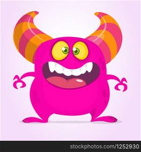 Happy cartoon monster with big mouth. Vector pink monster illustration. Halloween design