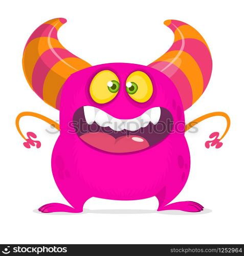 Happy cartoon monster with big mouth. Vector pink monster illustration. Halloween design