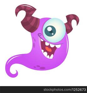 Happy cartoon monster with one eye. Vector Halloween illustration of purple ghost. Funny cartoon monster character