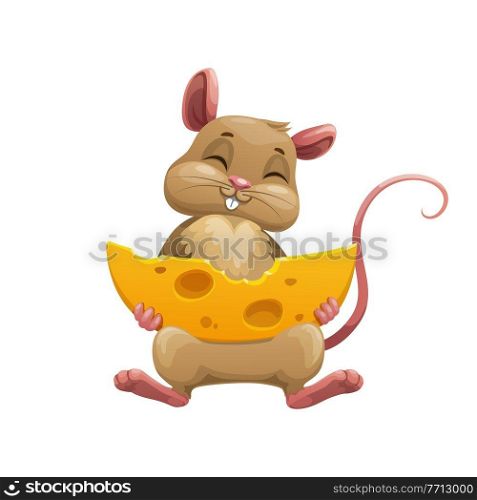Happy cartoon mouse with cheese. Cute vector rat character bite large piece of cheese with holes isolated on white background. Funny overeat rodent animal or pet, fairy tale book or game personage. Happy cartoon mouse with cheese, cute vector rat