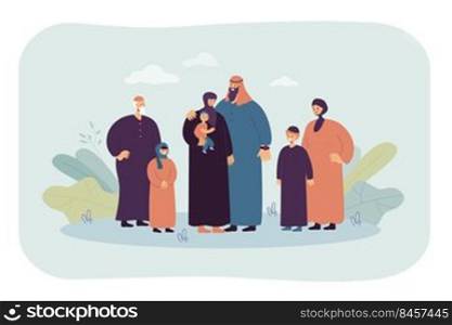 Happy cartoon muslim family. Flat vector illustration. Husband, wife, father, mother, kids wearing arab clothes and hijabs. Old and young Saudi generations. Culture, family, traditions concept