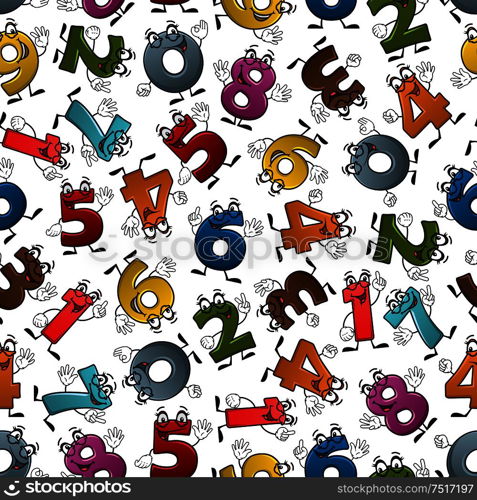 Happy cartoon numbers characters seamless pattern of smiling colorful digits with waving hands, randomly scattered over white background. May be use for childish room interior or education theme design. Funny colorful cartoon numbers seamless pattern