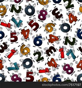 Happy cartoon numbers characters seamless pattern of smiling colorful digits with waving hands, randomly scattered over white background. May be use for childish room interior or education theme design. Funny colorful cartoon numbers seamless pattern
