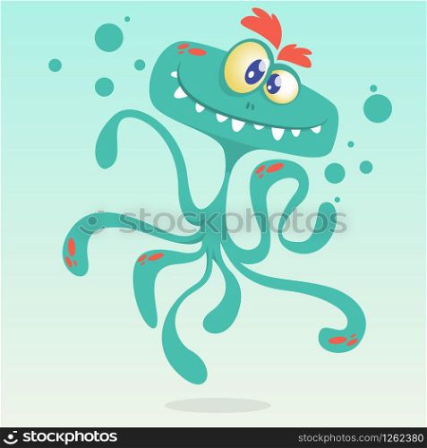 Happy cartoon octopus. Vector Halloween blue octopus character isolated