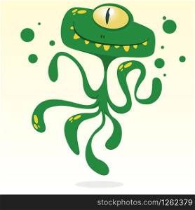 Happy cartoon octopus. Vector Halloween green monster with one eye and tentacles isolated
